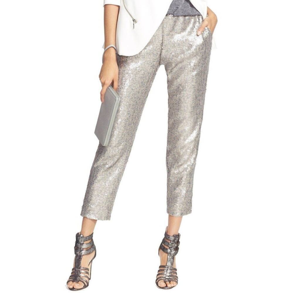 Chelsea28 Pant Sequin Embellished Straight Leg Elastic Waist Silver NWT Small